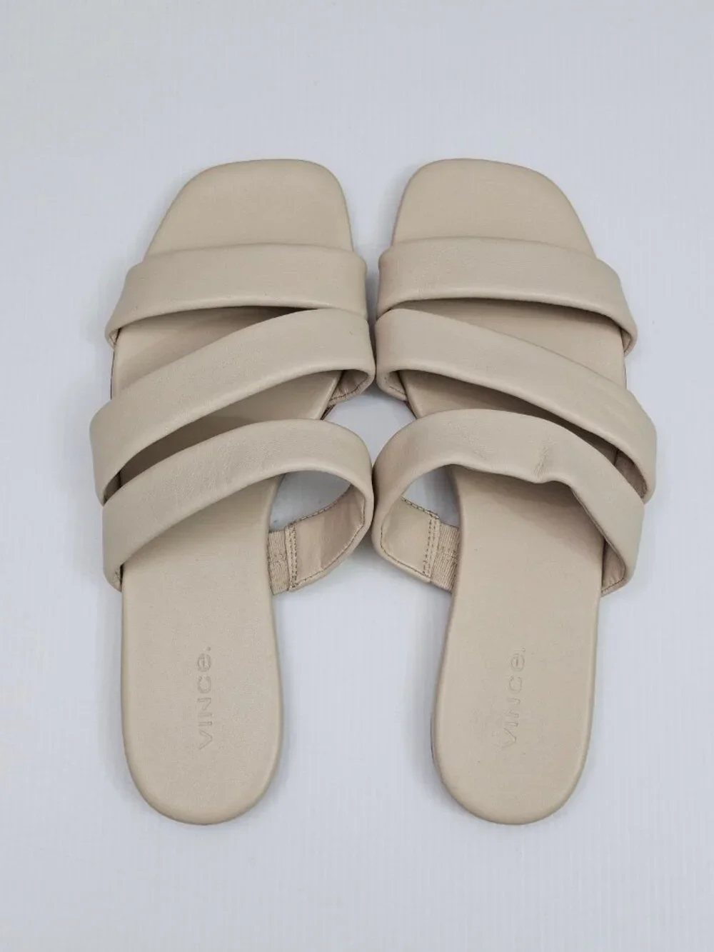 Vince Dallas Flat Slide Sandal Womens 9.5 Beige Leather Triple Strap Square Toe